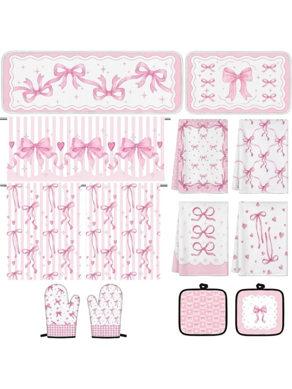 Chic Pink Bow Kitchen Decor Set - 13 Piece Coquette Style Home Accents